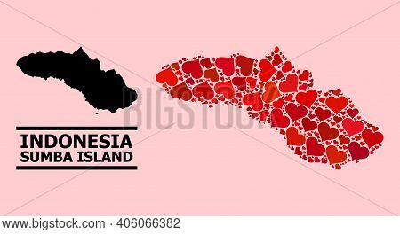 Love Pattern And Solid Map Of Sumba Island On A Pink Background. Mosaic Map Of Sumba Island Is Desig