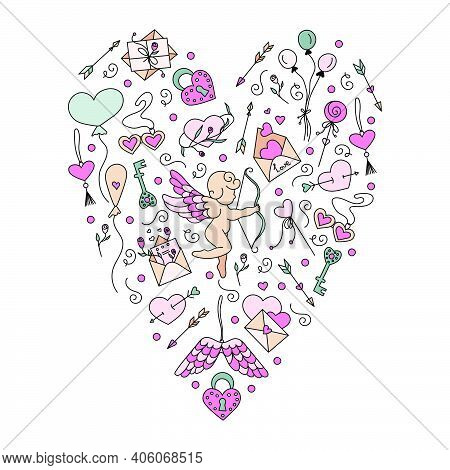 Heart Shape Hand-drawn Element From Cupid, Heart, Arrows, Roses And Wings. Valentine's Day Elements 