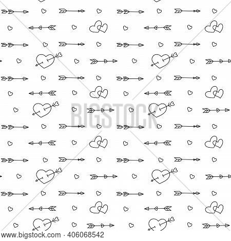 Arrows With Heart Vector Seamless Pattern On White Background. Valentine Background In Doodle Style.