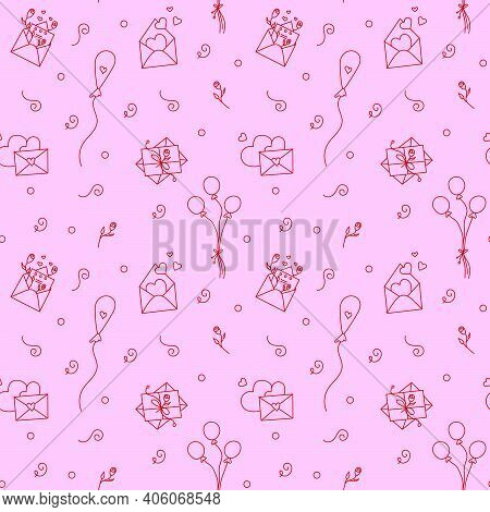 Pink Valentine Background With Envelopes And Floating Balloons. Vector Seamless Pattern With Love Le