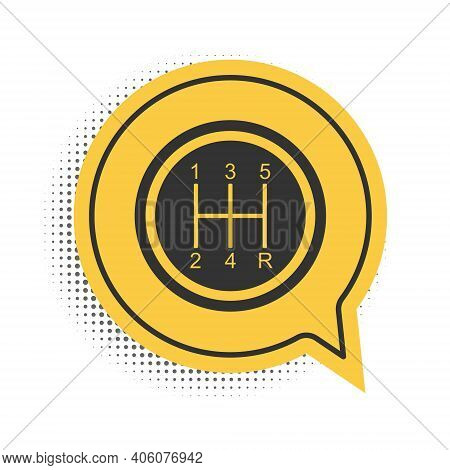 Black Gear Shifter Icon Isolated On White Background. Transmission Icon. Yellow Speech Bubble Symbol