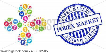 Dollar Rosette Bright Centrifugal Flower With 4 Petals, And Blue Round Forex Market Corroded Stamp S