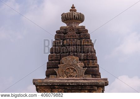 Aihole, Karnataka, India - November 7, 2013: Huchchimalli Gudi Or Temple. Closeup Of Brown Stone Vim