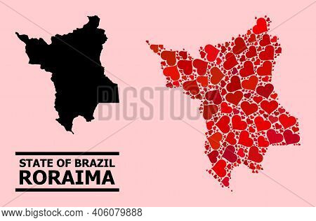 Love Collage And Solid Map Of Roraima State On A Pink Background. Collage Map Of Roraima State Is Cr