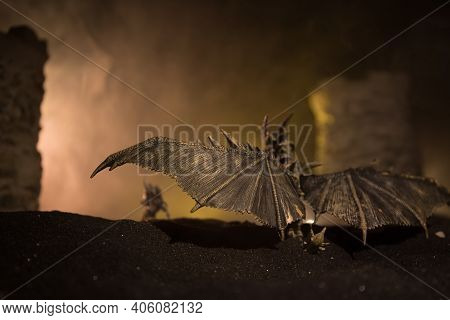 Battle Between Dragon And Heroic Soldiers. Creative Table Decoration. Selective Focus