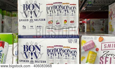 Cases Of Bon Viv Hard Spiked Seltzer Alcohol Beverages At A Sams Club Store.