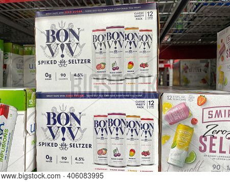 Cases Of Bon Viv Hard Spiked Seltzer Alcohol Beverages At A Sams Club Store.