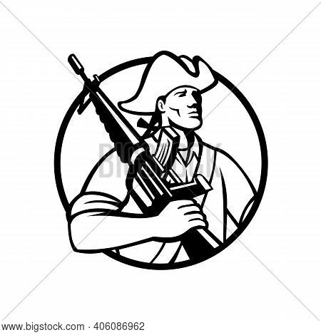 Mascot Illustration Of An American Patriot Revolutionary Solder With Assault Rifle On Shoulder Looki