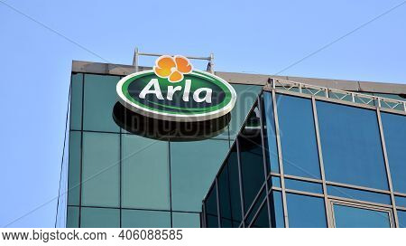 Warsaw, Poland. 1 February 2021. Sign Arla. Company Signboard Arla
