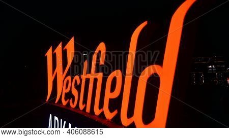 Warsaw, Poland. 1 February 2021. Sign Westfield. Company Signboard Westfield