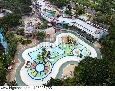 Aerial View Of Transera Waterpark Harapan Indah Swimming Pool At Bekasi, Indonesia. Bekasi, Indonesi