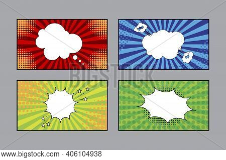 Retro Pop Art Pattern With Colored Bubble Explosions Set On Halftone Background. Vector Illustration
