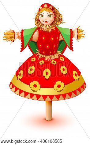 Russian Straw Effigy Woman In Traditional Dress. Maslenitsa Russian Pancake Week Shrovetide Carnival