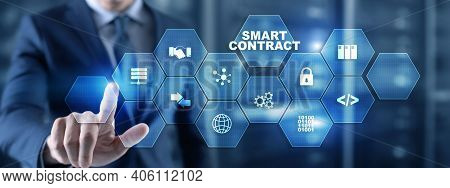 Smart Contract. Modern Business Technology. Businessman Presses Virtual Button Smart Contract Text O
