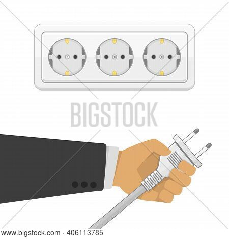 Electric Power Plug Holding In Hand Illustration In Flat Style. Man Holding Electric Power Plug. Unp