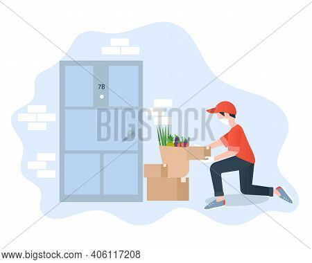 Contactless Delivery Concept Vector Illustration. Grocery Shopping. Healthy Food Safe Delivery. Man 