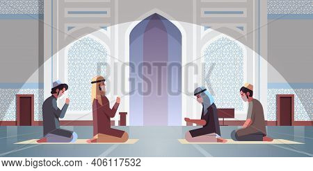 Religious Muslim Men In Masks Praying Ramadan Kareem Holy Month Religion Coronavirus Pandemic Quaran