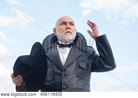 Handsome Oldfashion Senior Old Mature Man. Elderly Mature Greybeard. Vintage Man In Suit