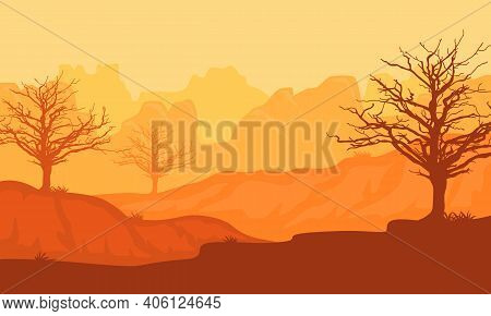 Beautiful Scenery Desert At Twillight On Afternoon. Vector Illustration