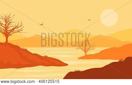 Very Nice Scenery Trees And Mountains At Twillight In The River Bank. Vector Illustration