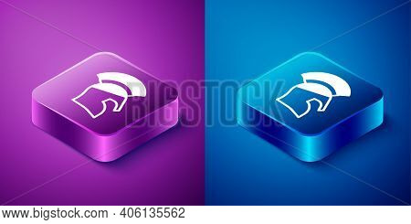 Isometric Greek Helmet Icon Isolated On Blue And Purple Background. Antiques Helmet For Head Protect