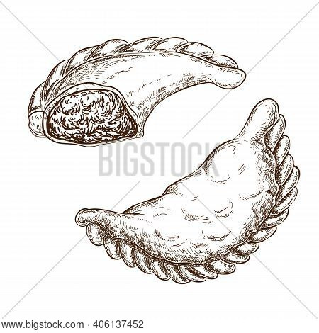 Fried Traditional Pastry Stuffed With Meat, Cheese, Vegetables Isolated On White. Savoury Pastries W