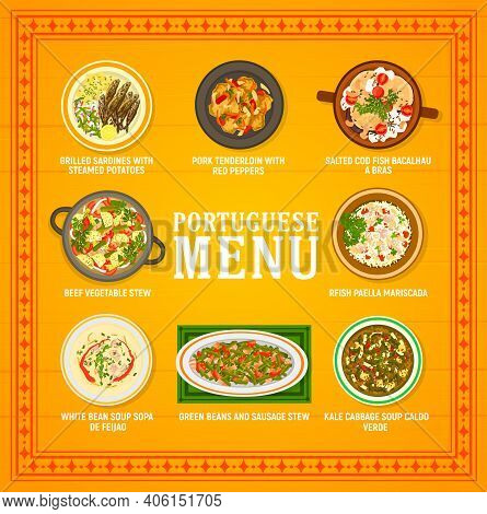Portuguese Food Restaurant Menu Template. Paella Mariscada, Kale Cabbage And White Beans Soup, Grill