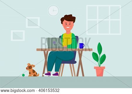 A Man With A Laptop. The Concept Of Home Office, Apartment Interior. Freelance, Study, Work At Home,