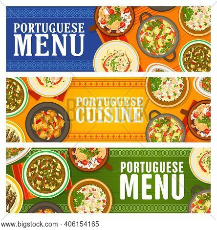 Portuguese Food Restaurant Menu Meals Banners. Grilled Sardines, Paella Mariscada And Pork Tenderloi