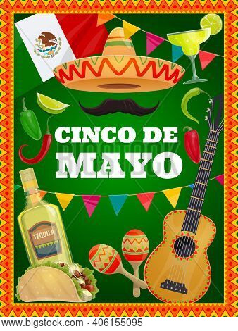 Cinco De Mayo Vector Traditional Mexican Symbols Sombrero Hat, Mustaches, Guitar And Tequila With Li