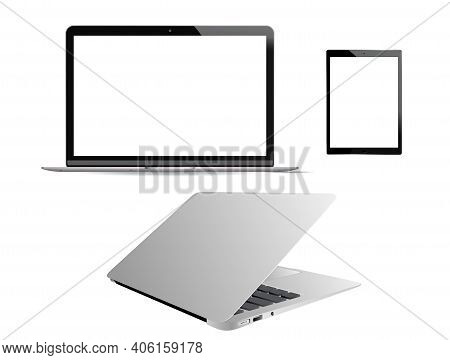 Laptop Vector Mockup. Computer Notebook Mobile Pc Isolated On White Background. Realistic Portable L
