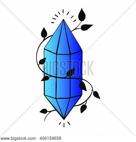 Vector Blue Crystal With Beautiful Leaves. Magic Crystal With Color Gradient