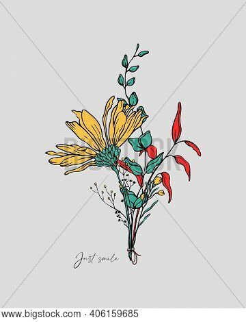 Floral Greeting Card Design With Yellow Flower For  Happy Valentine's Day Or 8 March. Vector Flower 