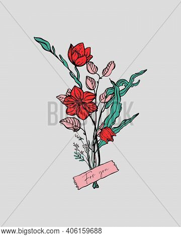 Floral Greeting Card Design With Bright Flower And Leaves For  Happy Valentine's Day Or 8 March. Vec