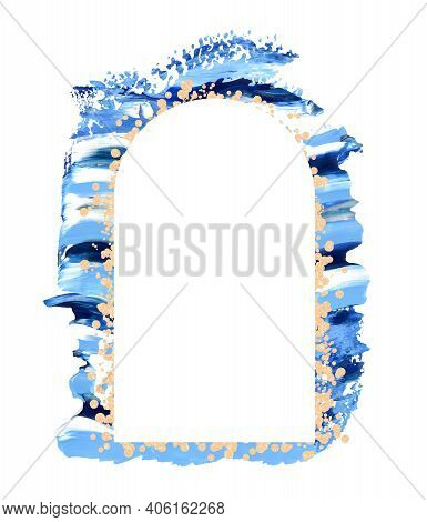 Hand Drawn Blue And Golden Glitter Brushstroke Swash With White Arch Border. Paint Swatch Smear Prem