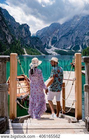 Beautiful Lake In The Italian Alps, Lago Di Braies In The Italian Dolomites Europe. Braies Lake, Ita