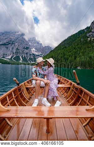 Beautiful Lake In The Italian Alps, Lago Di Braies In The Italian Dolomites Europe. Braies Lake, Ita