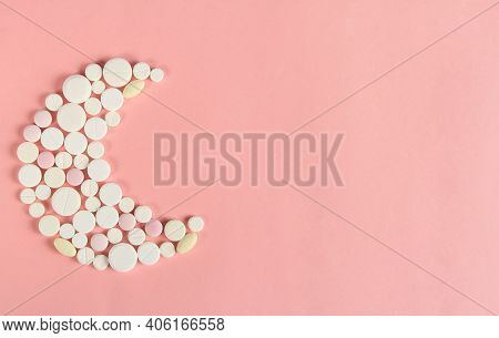 Banner Design For Sleeping Pills And Evening Sedatives In The Shape Of A Moon On A Pink Background. 