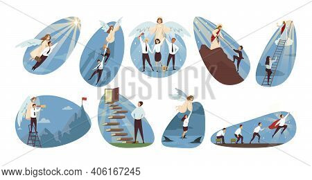 Religion, Business, Support Set Concept. Jesus Christ Angels Biblical Religious Characters Helping B