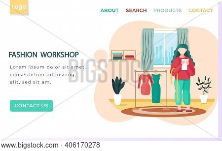 Fashion Workshop Landing Page Template Designer Making Model. Snipper Standing Near Hanging With Dre