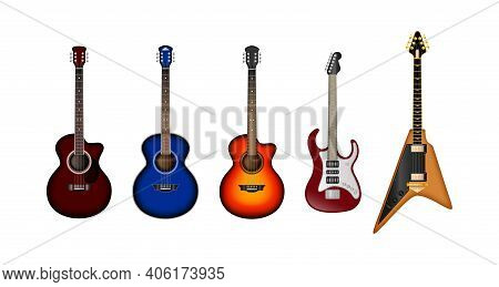 Musical Instruments Realistic Vector Set. Set Of Different Bright Realistic Guitars. Retro Acoustic 