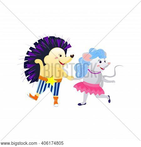 Cartoon Hedgehog Wearing Sneakers Dancing With Mouse Wearing Pink Skirt. Vector Illustration.