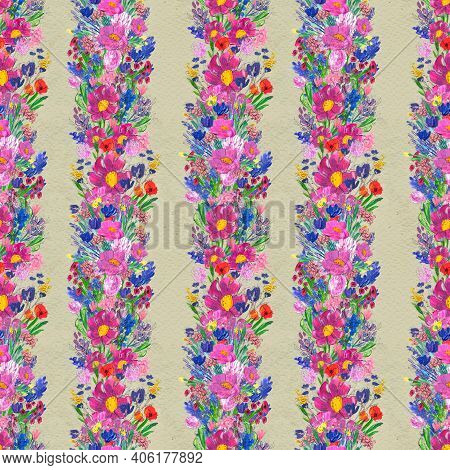 Seamless Pattern With Flowers. Watercolor Or Acrylic Painting. Hand Drawn Floral Background.