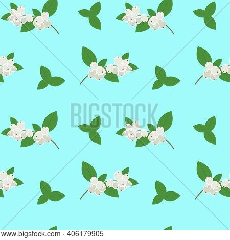 Snow Berry Pattern. Vector With White Snowberries On A Blue Background. Seamless Pattern.