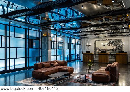 Wroclaw, Poland - March 7 2020 Interior Of New Modern The Bridge Hotel
