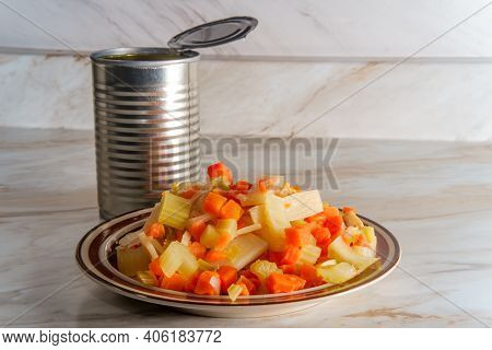 Canned Chinese Food Chop Suey On Marble Kitchen Table