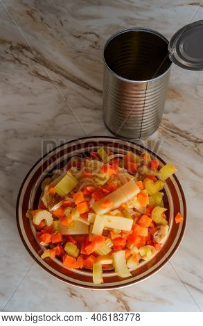 Canned Chinese Food Chop Suey On Marble Kitchen Table