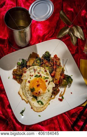 Canned Chinese Food Chop Suey With Fried Sunny Side Up Egg
