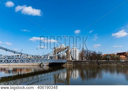 Wroclaw, Poland - March 8 2020 Grunwaldzki Bridge At Sunny Cloudy Morning