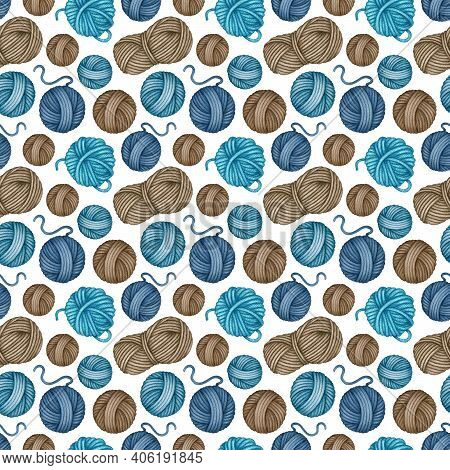 Watercolor Yarn Skeins Seamless Pattern. Colorful Turquoise Blue Brown Wool Threads Balls. Knitting,